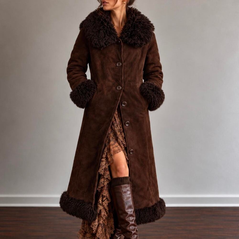 VTG 70s Polish Genuine Shearling Fur & Suede Maxi Penny Lane Afghan Coat Size M